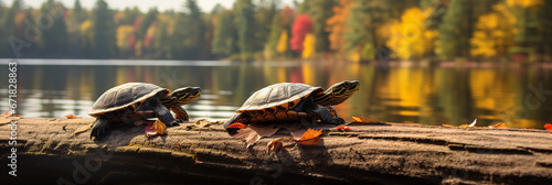 pair of painted turtles, sunbathing on a log, rippling lake in background, fall colors photo