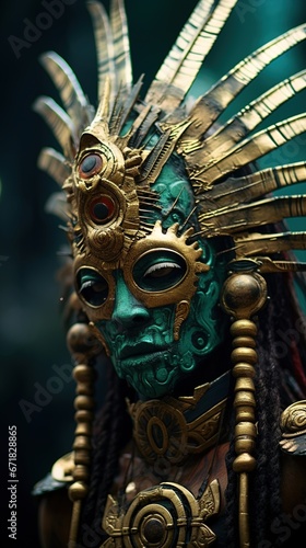 Close-up of an alien with green, scaly skin and large, gold-flecked eyes, wearing a Mayan warrior helmet with jade and feathered elements