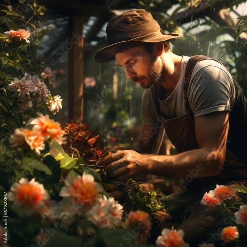 Carefully pruning, the gardener kept the flowers and plants in the garden well-organized. © Artur