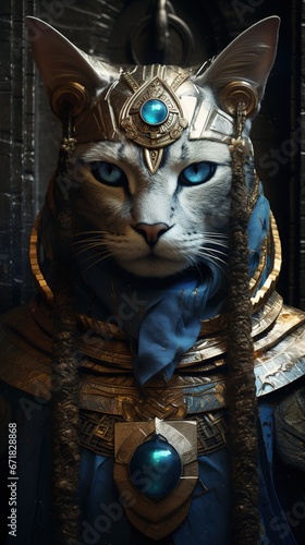 Close-up of a feline-like alien with radiant blue fur and large, almond-shaped golden eyes, wearing an ancient Egyptian beaded collar and headdress, against hieroglyph-etched walls © EOL STUDIOS