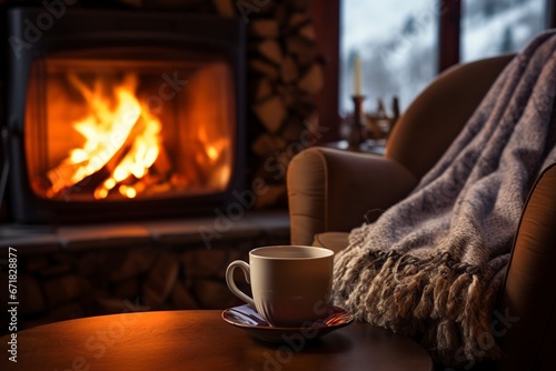 cup of hot coffee or tea on a table near the fireplace