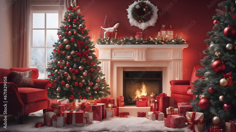 The interior of living room with fireplace decorated Christmas tree, Background design for cards The interior of living room with fireplace decorated Christmas tree, Background design for cards