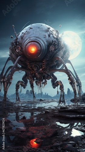 Depicting a stark contrast  a robotic-biological hybrid alien creature  with shimmering circuits and vibrant living tissues  stands on a desolate moon surface  its eyes capturing the vastness of space