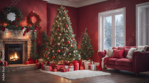 The interior of living room with fireplace decorated Christmas tree, Background design for cards