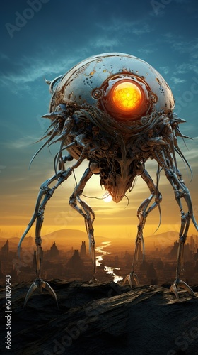 Depicting a stark contrast, a robotic-biological hybrid alien creature, with shimmering circuits and vibrant living tissues, stands on a desolate moon surface, its eyes capturing the vastness of space