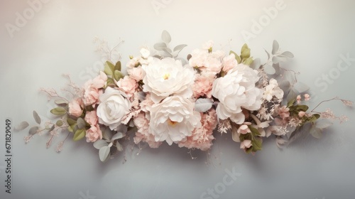 a wedding bouquet set against a light background, perfect for adding text or an invitation, emphasizing the elegance and romance of the occasion. © lililia