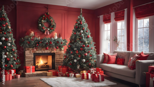 The interior of living room with fireplace decorated Christmas tree, Background design for cards © Kawaii