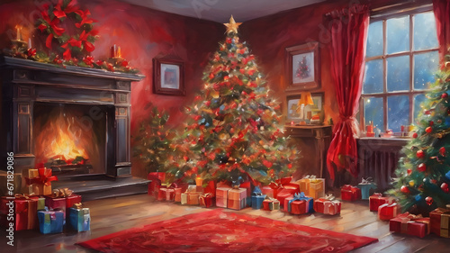 Watercolor interior of living room with fireplace decorated Christmas tree  Background design for cards