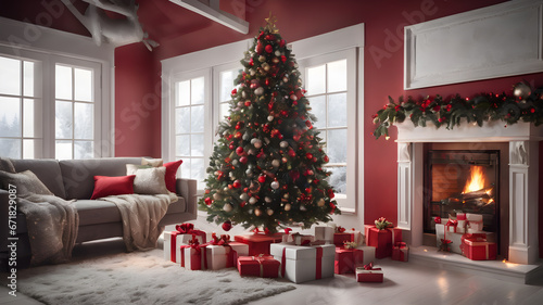 The interior of living room with fireplace decorated Christmas tree  Background design for cards