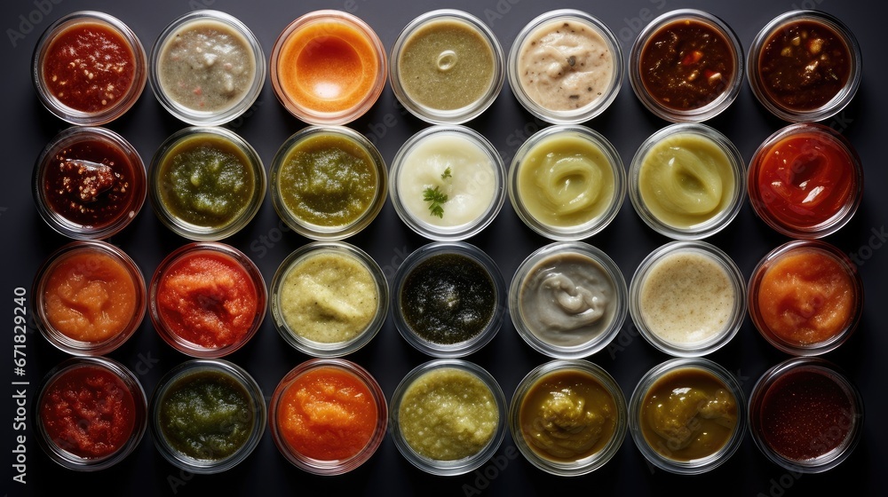 various sauces presented in separate jars, a top-down view of these condiments displayed on a light surface, emphasizing the indulgence of unhealthy food choices. various sauces presented in separate jars, a top-down view of these condiments displayed on a light surface, emphasizing the indulgence of unhealthy food choices.