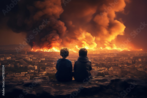 Back view of two children sitting in top of hill watching the world burn for war