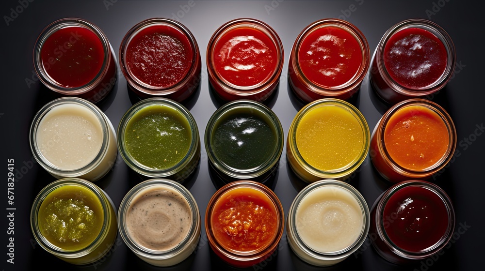 various sauces presented in separate jars, a top-down view of these condiments displayed on a light surface, emphasizing the indulgence of unhealthy food choices. various sauces presented in separate jars, a top-down view of these condiments displayed on a light surface, emphasizing the indulgence of unhealthy food choices.