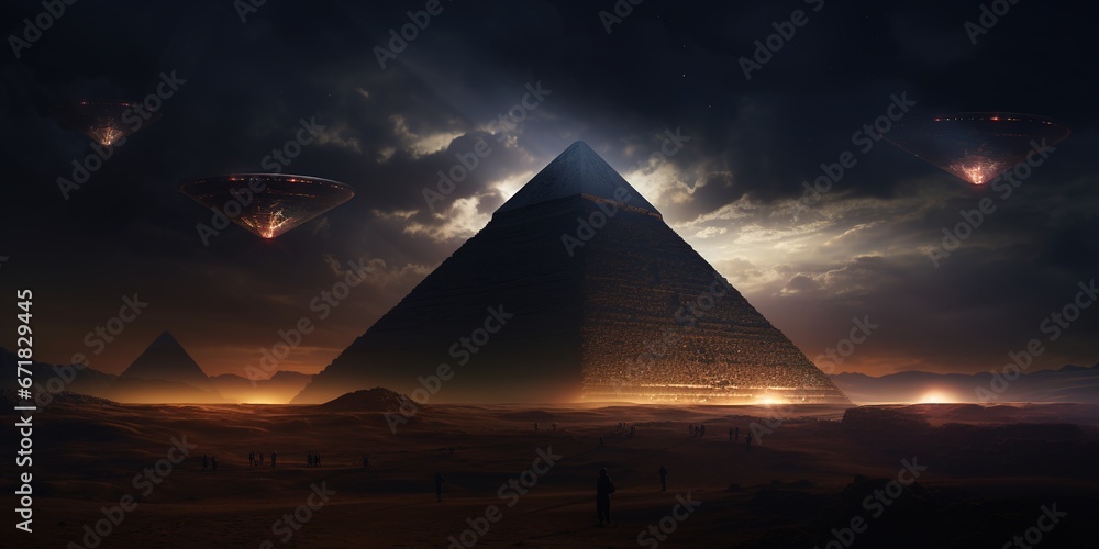 Giant pyramids of Egypt, with a massive hovering spaceship UFO casting ...