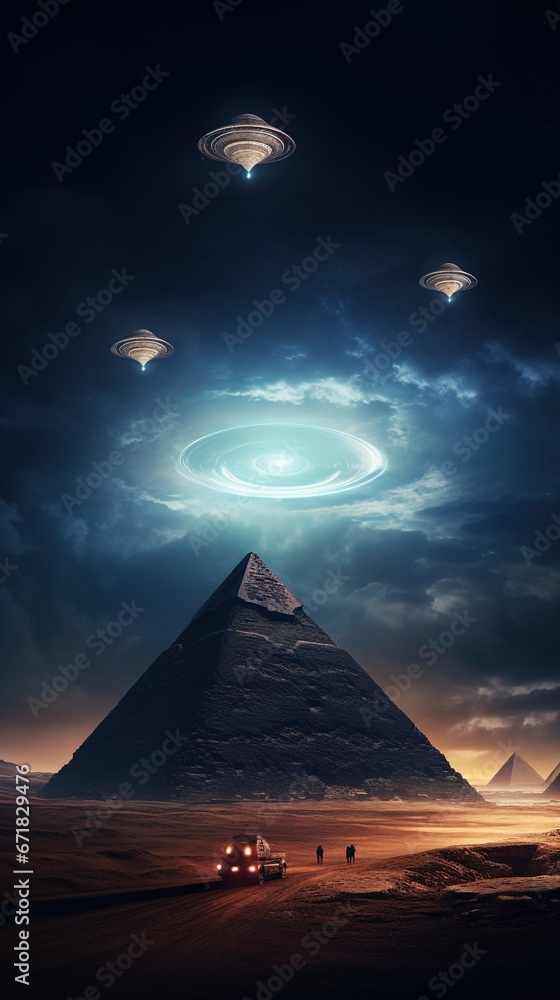 Giant pyramids of Egypt, with a massive hovering spaceship UFO casting ...