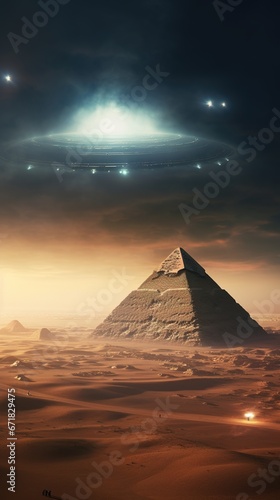 Giant pyramids of Egypt  with a massive hovering spaceship UFO casting a shadow  ancient aliens