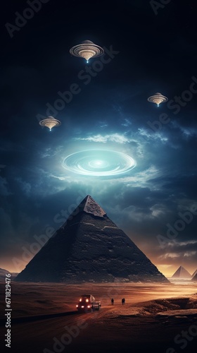 Giant pyramids of Egypt  with a massive hovering spaceship UFO casting a shadow  ancient aliens