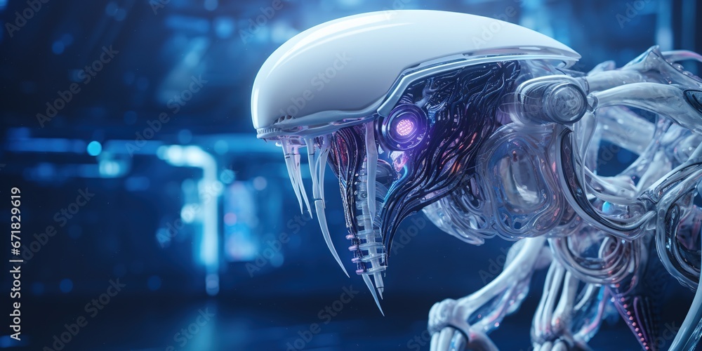 lluminated under artificial lights, a robotic-biological hybrid alien ...