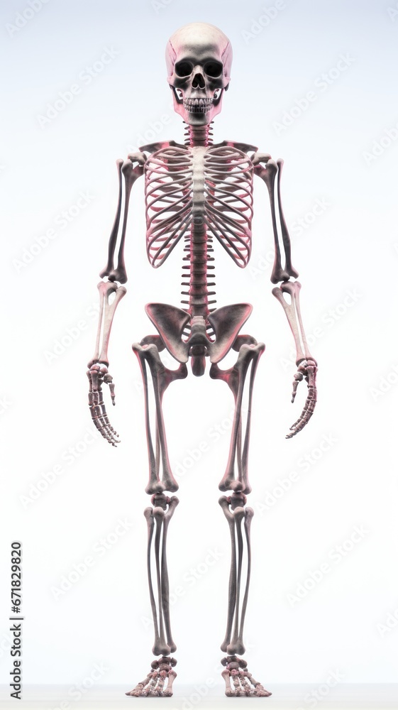 Full length human skeleton on a white background. Human anatomy and structure of the human body. For medical brochures, articles, books and other scientific and educational sources.