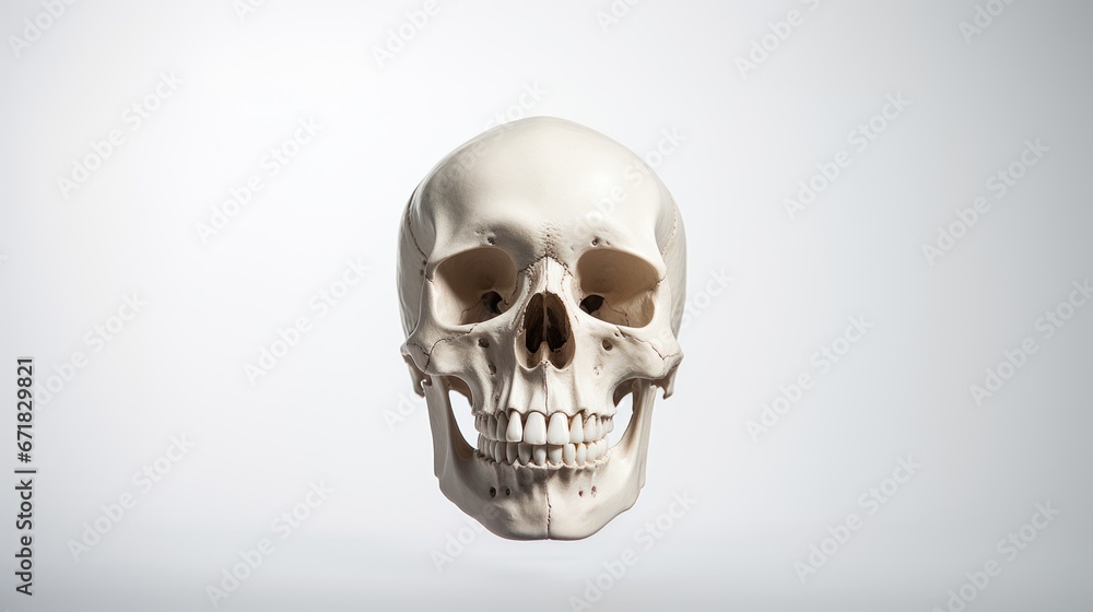 Human skull on white background front view. Head bones and skeleton. Human anatomy and structure of human head. For medical and scientific educational books, articles, magazines, posters and others. Human skull on white background front view. Head bones and skeleton. Human anatomy and structure of human head. For medical and scientific educational books, articles, magazines, posters and others.
