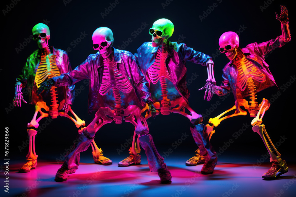 4 Human Skeleton dancers dance in neon colors at a show performance. Modern break dancing performed by fashionable and stylish skeletons. Disco.