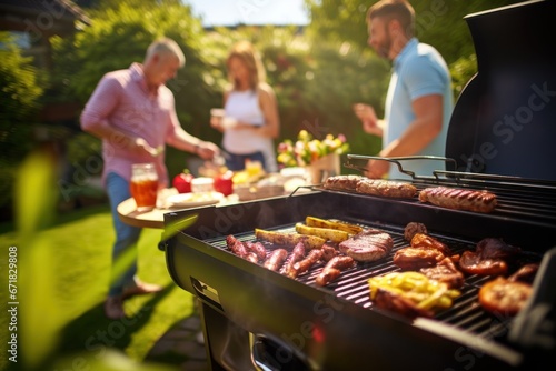 A group of people together at a bbq. Family and friends having a picnic barbeque grill in the garden. having fun eating and enjoying time. sunny day in the summer. blur background. Grilled vegetables. photo