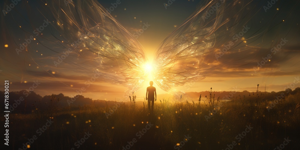 In a serene meadow, an alien with shimmering wings and graceful tendrils floats down to meet an awe-struck human who reaches out hesitantly, as radiant beams of light create a magical atmosphere - obrazy, fototapety, plakaty 