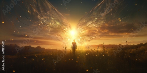 In a serene meadow, an alien with shimmering wings and graceful tendrils floats down to meet an awe-struck human who reaches out hesitantly, as radiant beams of light create a magical atmosphere