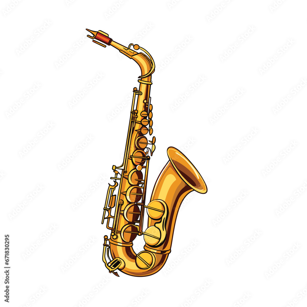 Golden saxophone on white background in cartoon style