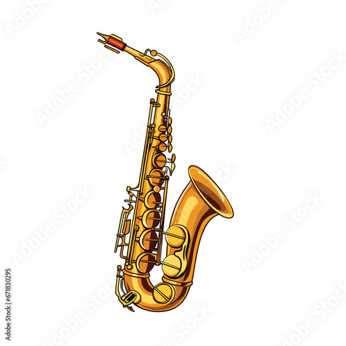Golden saxophone on white background in cartoon style