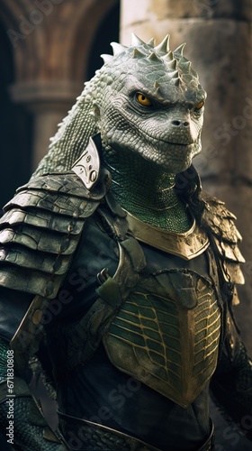 Portrait of a reptilian alien, green and scaly, with a crest of spikes running down its head, donned in ancient Roman armor, amidst a coliseum backdrop photo