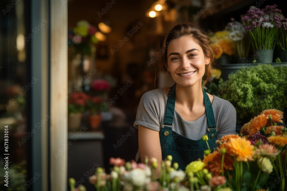 Smiling female florist standing in front of a flower shop.