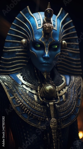 Portrait of an alien being with shimmering blue skin, adorned in ancient Egyptian royal attire, holding a golden ankh