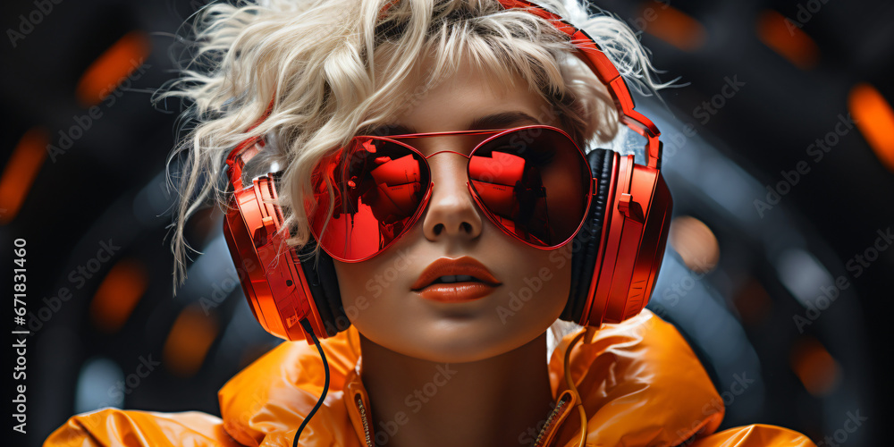 young female cyborg portrait, crazy woman with headphones and cool sunglasses