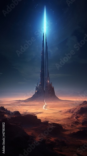 Vast desert landscape, with the remnants of an ancient city, a glowing alien obelisk stands prominently among the ruins © EOL STUDIOS