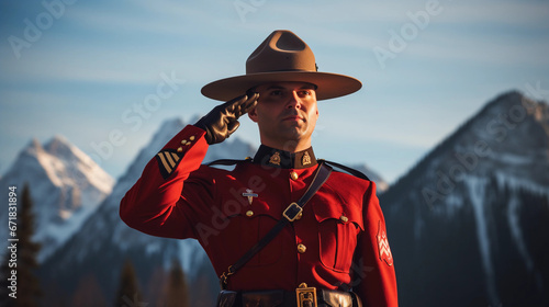 Canadian Mountie in full dress uniform, saluting against a backdrop of the Rocky Mountains. Early morning light, attention to the details on the hat and red serge photo