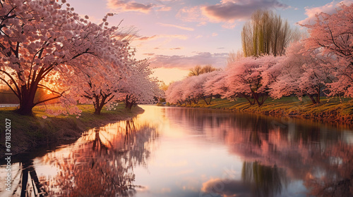 Cherry blossom trees along a river, golden hour, reflection on water, glowing in the setting sun