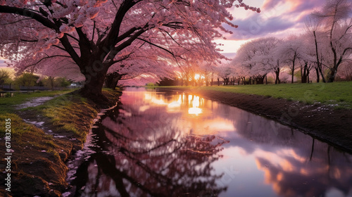 Cherry blossom trees along a river, golden hour, reflection on water, glowing in the setting sun