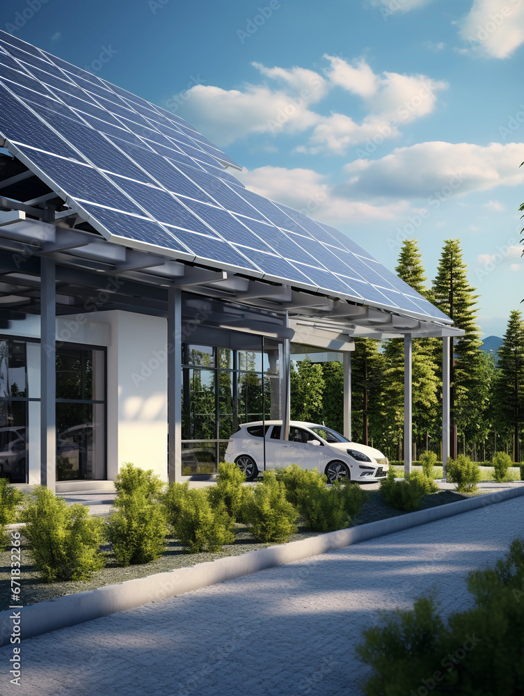 Energy-efficient office building, solar panels on the roof, electric car charging stations, lush landscaping, blue sky - obrazy, fototapety, plakaty 