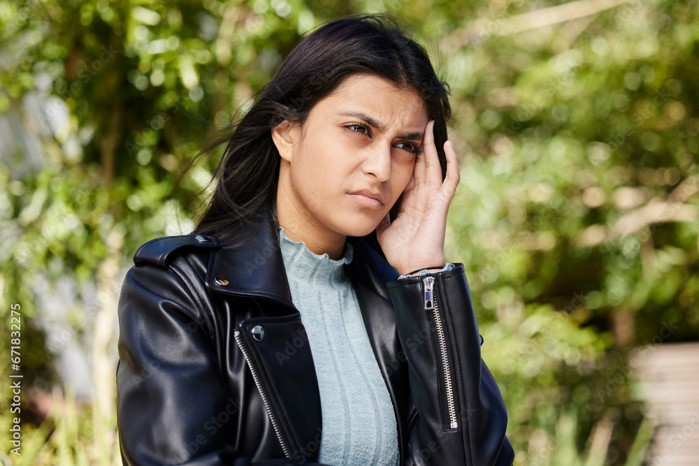 Sad, stress and thinking with woman in park for fatigue, depression and tired. Mental health, anxiety and burnout with person and headache in nature for frustrated, failure and psychology problem Sad, stress and thinking with woman in park for fatigue, depression and tired. Mental health, anxiety and burnout with person and headache in nature for frustrated, failure and psychology problem