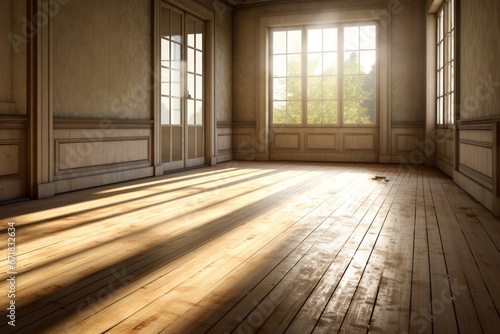 Old interior with sunlight on wooden floor. Generative AI © Eamon