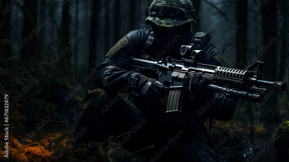 soldier in modern uniform, in action, night mission. Equipped with night-vision goggles, dark forest in the background, subdued lighting with moonlight glow soldier in modern uniform, in action, night mission. Equipped with night-vision goggles, dark forest in the background, subdued lighting with moonlight glow