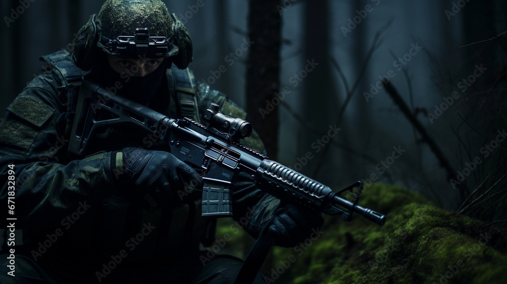 soldier in modern uniform, in action, night mission. Equipped with night-vision goggles, dark forest in the background, subdued lighting with moonlight glow soldier in modern uniform, in action, night mission. Equipped with night-vision goggles, dark forest in the background, subdued lighting with moonlight glow