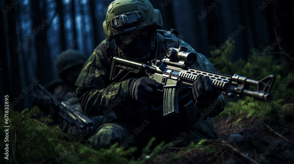 soldier in modern  uniform, in action, night mission. Equipped with night-vision goggles, dark forest in the background, subdued lighting with moonlight glow