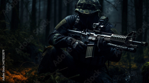 soldier in modern uniform, in action, night mission. Equipped with night-vision goggles, dark forest in the background, subdued lighting with moonlight glow