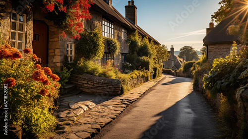 Quaint English village, thatched-roof cottages, cobblestone streets, vibrant flower gardens, a sunny afternoon