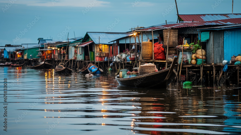 Vietnamese floating village, houses on stilts, colorful boats, water reflections, people fishing