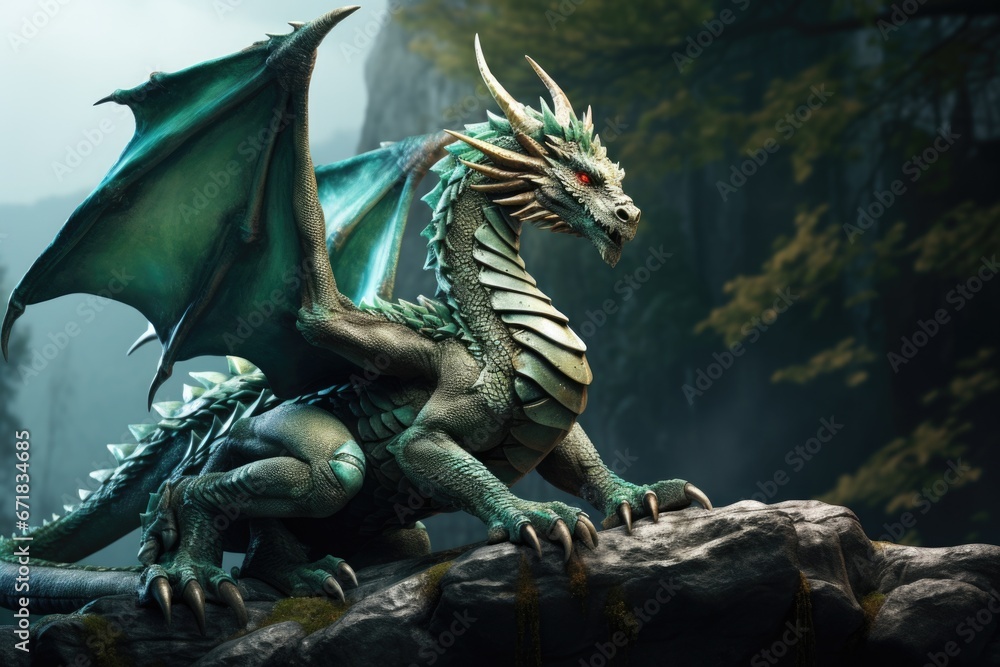 Fototapeta premium A statue of a dragon sitting on a rock. Perfect for fantasy-themed projects and decorations.