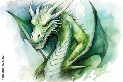 A vibrant watercolor painting of a green dragon. Perfect for adding a touch of fantasy to your projects and designs.