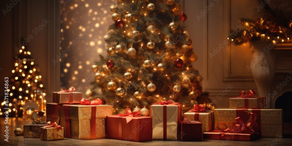 A festive Christmas tree with beautifully wrapped presents in front of it. Perfect for holiday-themed designs and advertisements.