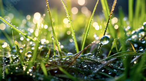 Green grass with drops of rain or dew. Close-up, shallow depth of field, bokeh.